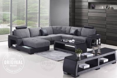 Kino U-sofa stof/læder højre chaiselong grå/sort