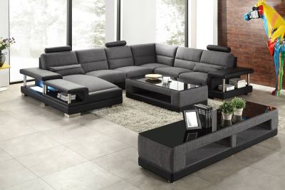 Valencia U-sofa stof/læder højre chaiselong-grå/sort